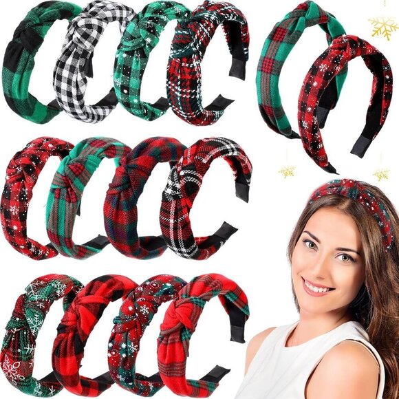 12 Pcs Christmas Headbands Women Wide Retro Snowflake Plaid Holiday Accessories